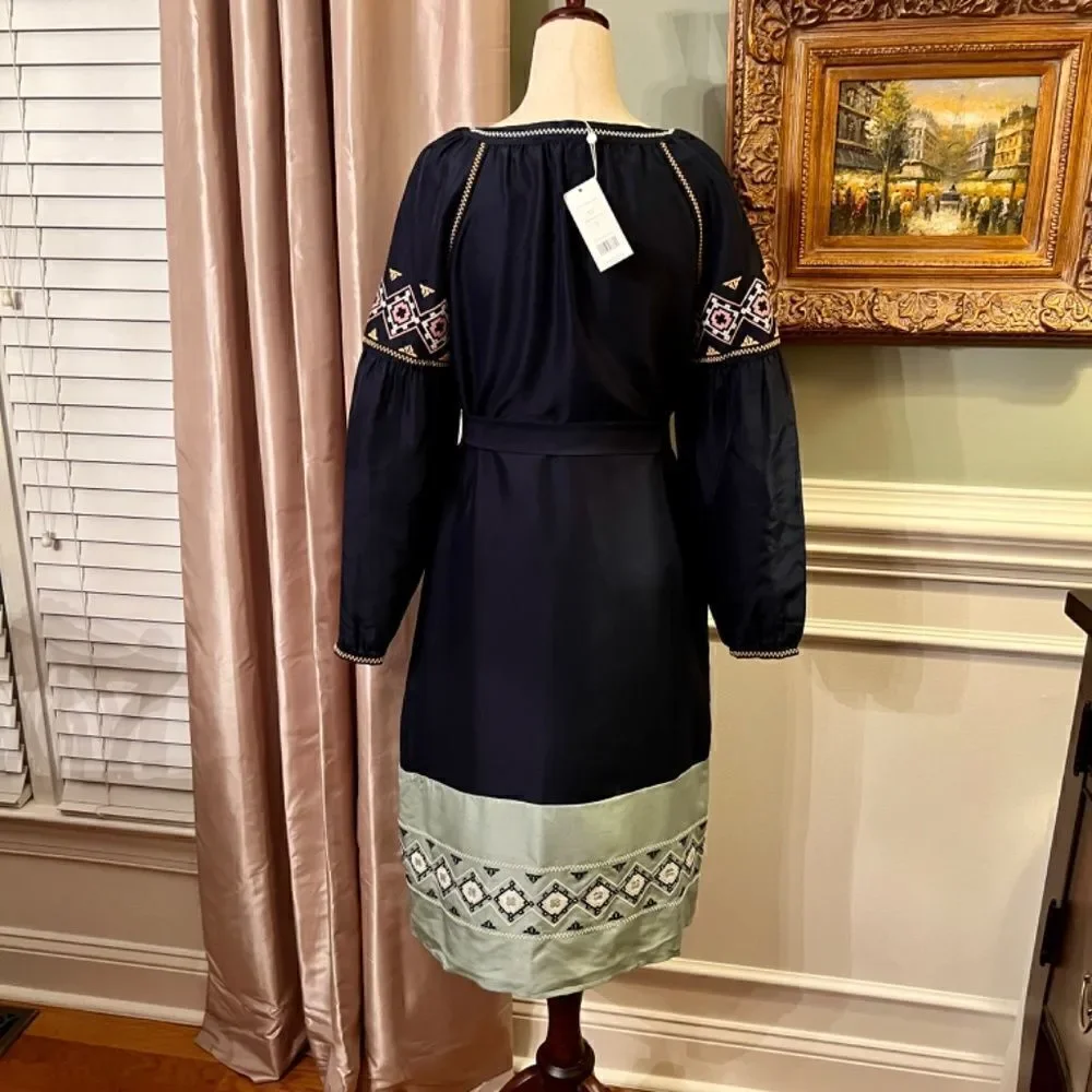 $450 NWT Tory Burch Katya Navy Green Embroidered Tunic Style Midi Dress Size 0